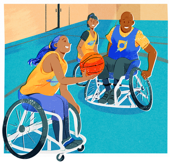 Riso Print Friends in Wheelchair Playing Basketball