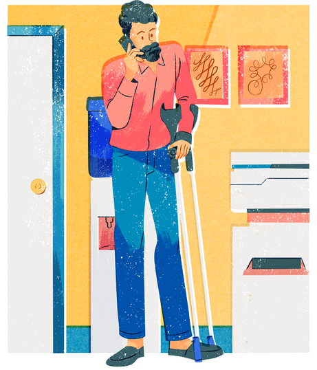 Riso Print Man with Crutch Taking a Call